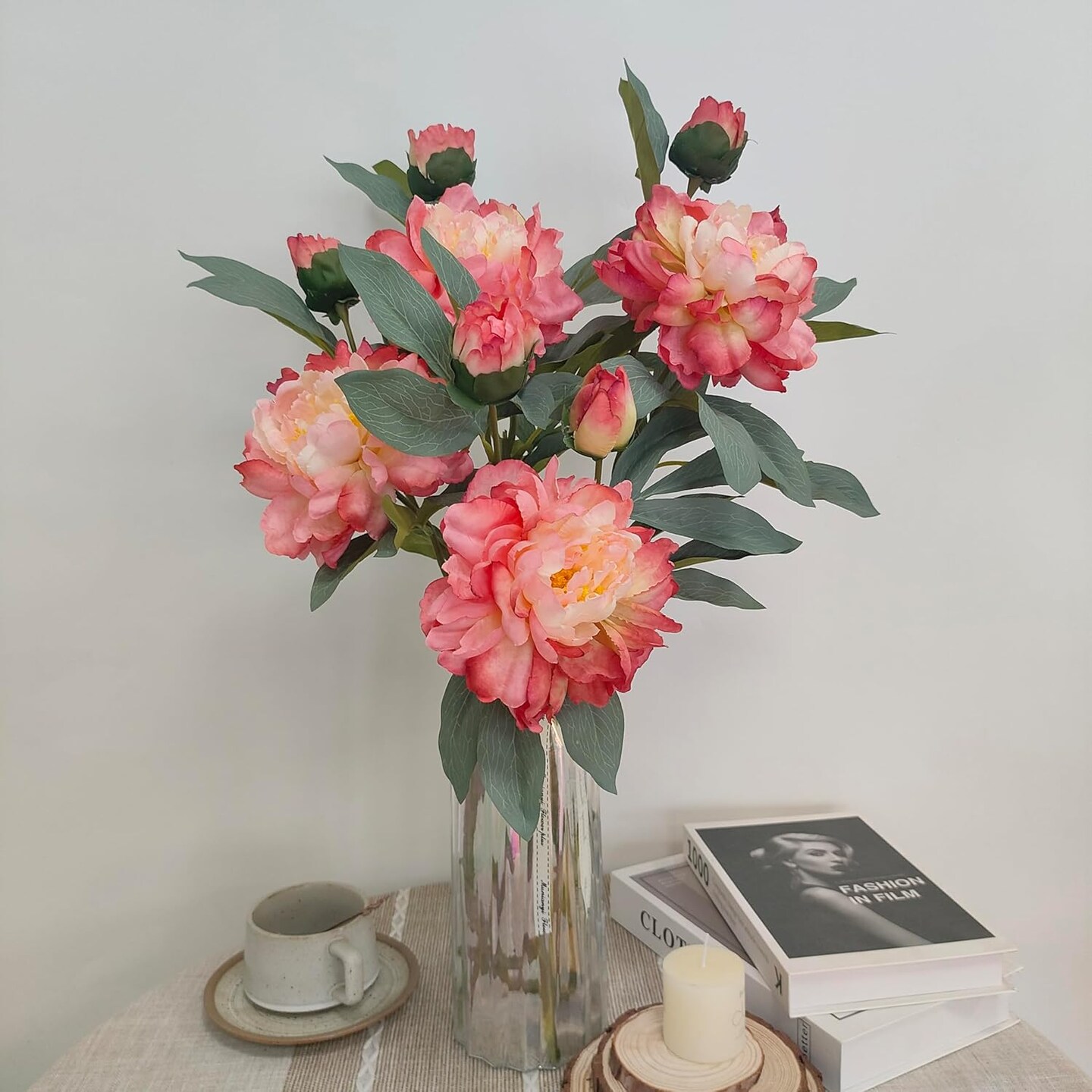 Coral Pink Peonies Artificial Flowers,4 Pcs Fake Silk Peonies with Stems Real Look,Peony Bush for Home Decor (4, Coral Pink)