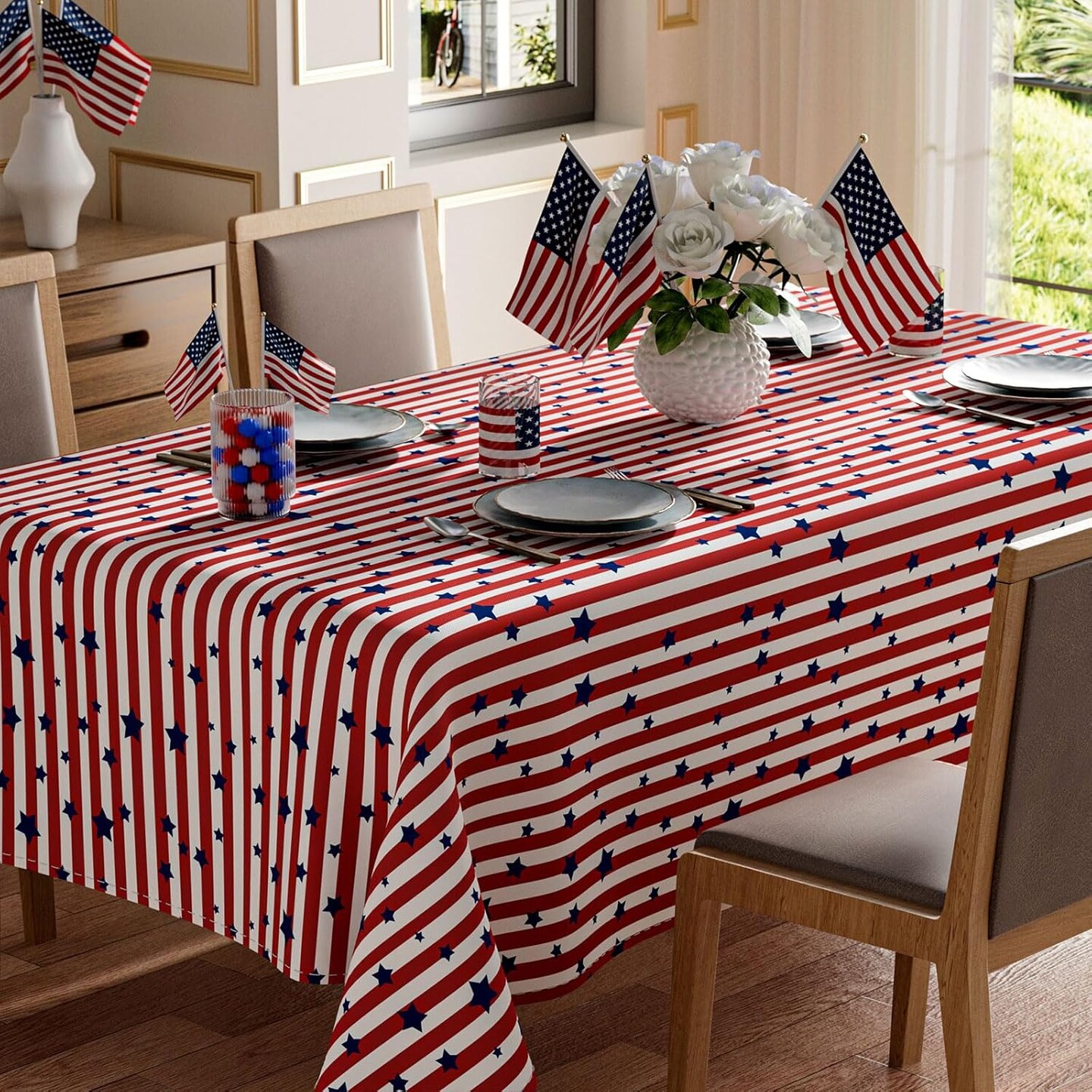 Red and White Stripes Blue Stars Patriotic America 4th of July Memorial Day Independence Day Tablecloth Rectangle Washable Table Covers