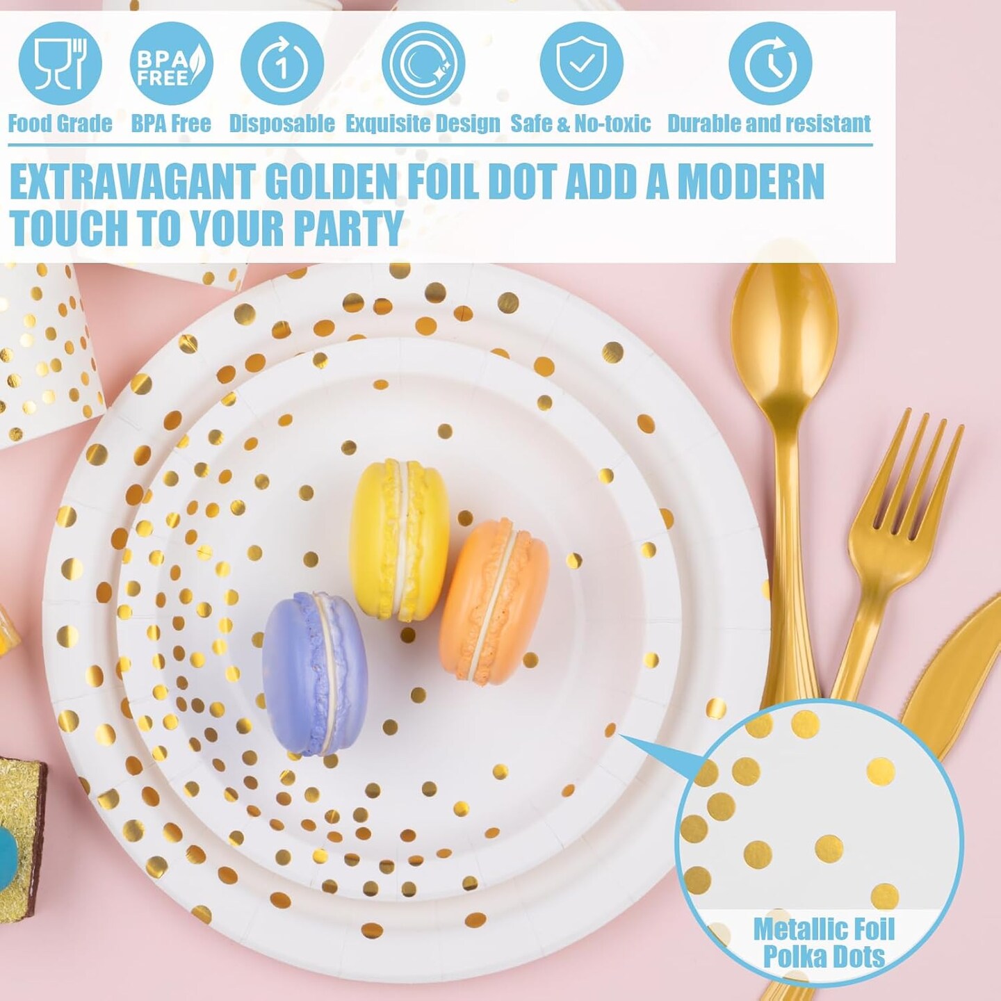 White and Gold Party Supplies, 350PCS Disposable Dinnerware Set w/White Paper Plates Napkin Cups Plastic Forks Knives Spoon for Women Men Birthday Easter Retirement Engagement Graduation Decorations