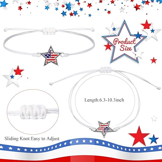 4 Sets 4th of July Bracelets Independence Day Favors Red White Blue Bracelets Bit Charm Handmade String Bangle Patriotic Jewelry Supplies Gifts for Christmas Gift