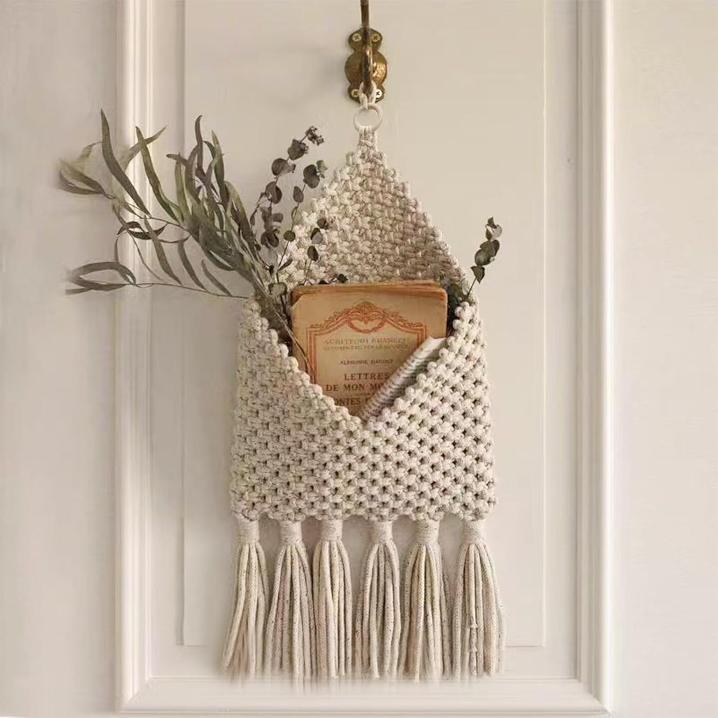 Macrame Mail Organizer Wall Mounted, Handmade Hanging Woven Basket for Boho Home Office Decor, Over the Door Key Letter Envelope File Holder for Entryway Hallway, White