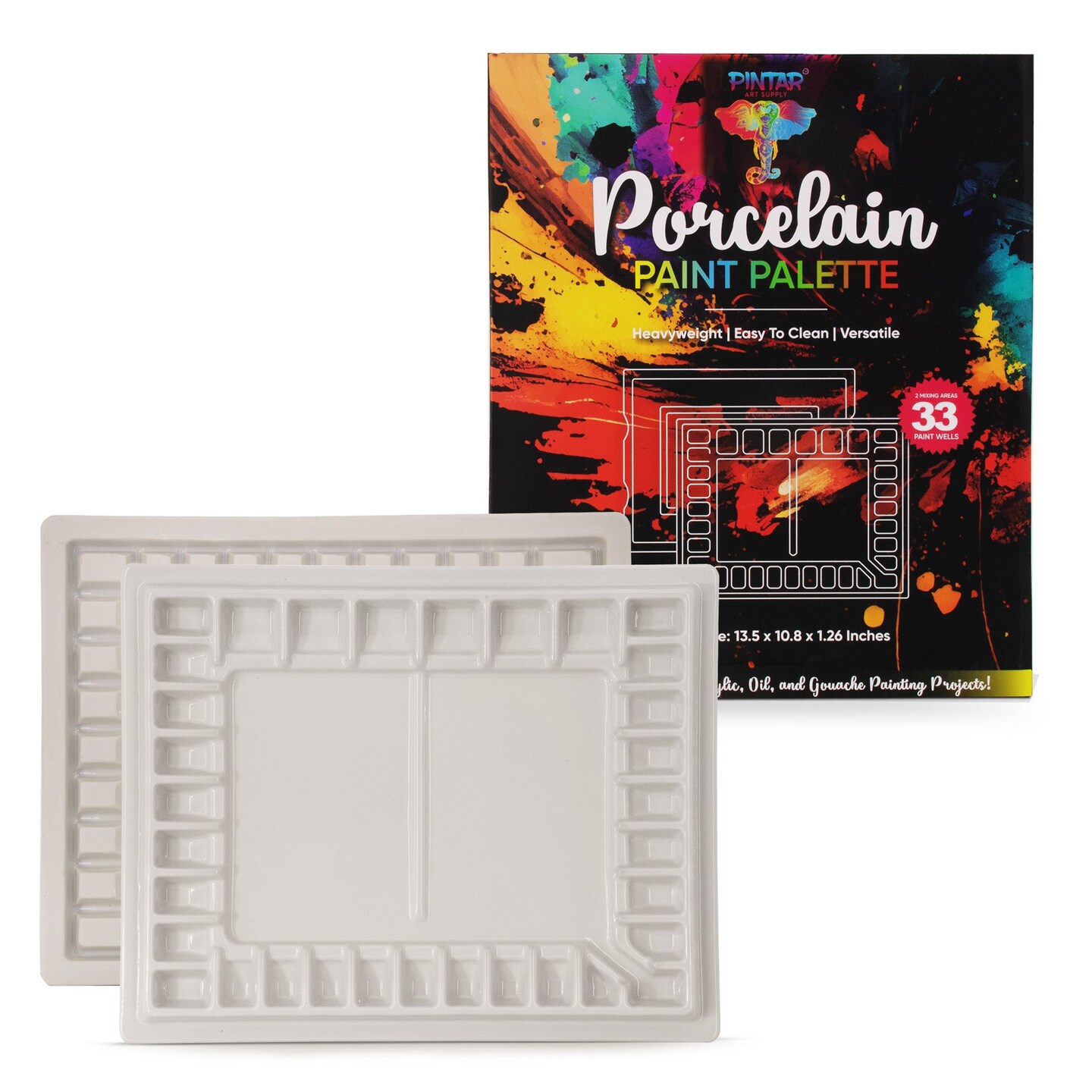 Pintar Ceramic Watercolor Paint Palette Tray - 33-Well Ceramic Palette | Large Mixing Areas - 13.5 x 10.8 Paint Pallet | Durable Watercolor Palette Tray for Acrylic, Oil, Gouache &#x26; All Water-Based Paints