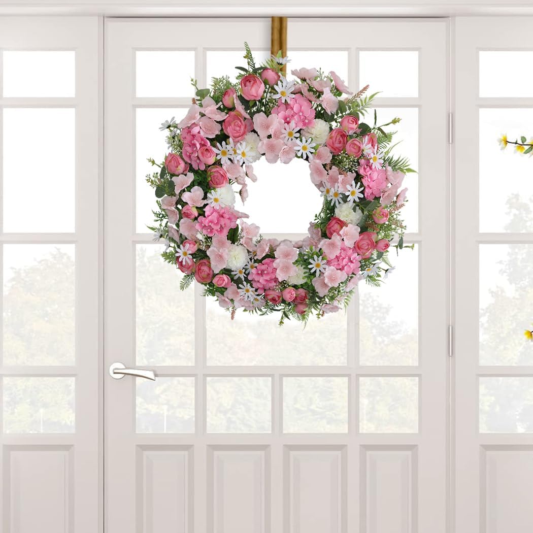 Pink Flower Door Wreath 24-26 Inch – Spring Summer Easter Wreath with Faux Silk Rose Hydrangea White Chrysanthemum Eucalyptus Leaves
