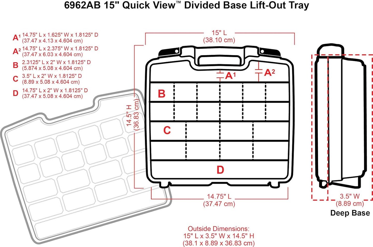 6962AB Quick View Deep Base Carrying Case with Removable Dividers and Tray, Portable Art &#x26; Craft Storage Box, 15&#x22;, Clear