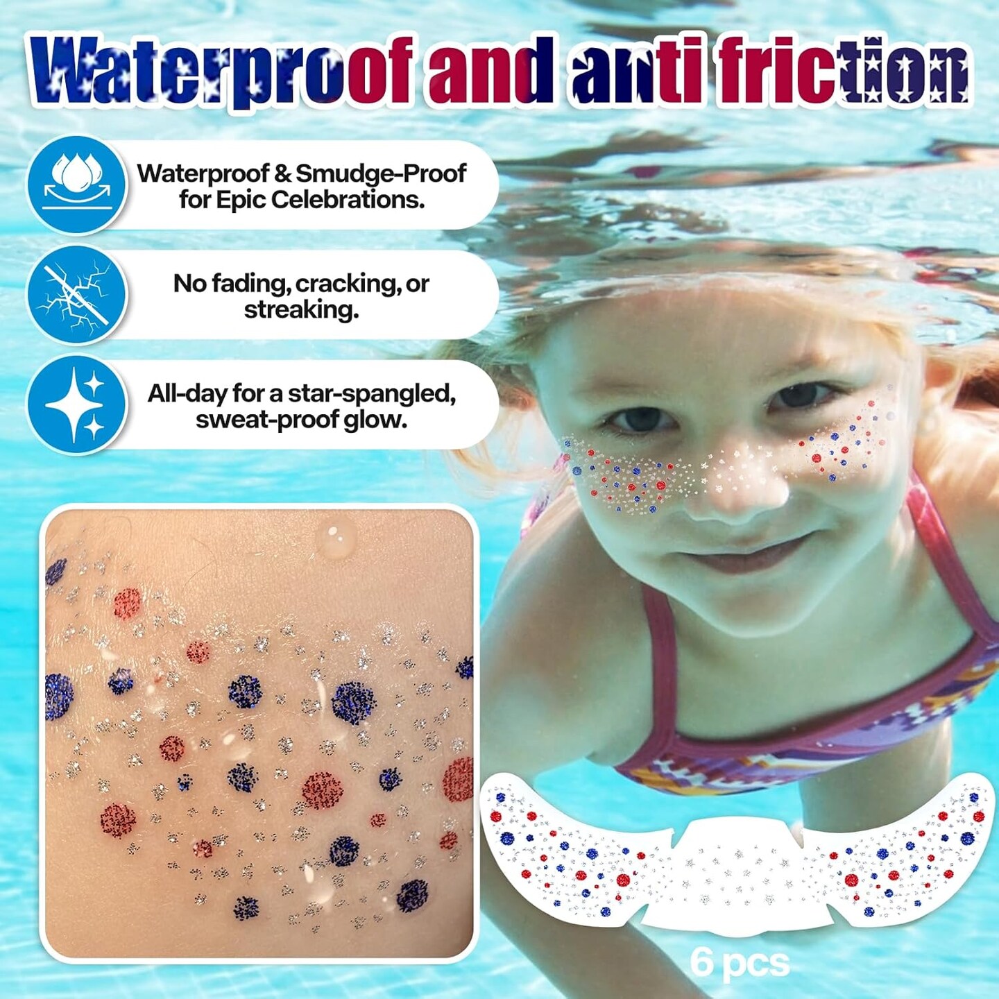 6PCS Red White and Blue Face Glitter Freckles,4th of July Accessories,Temporary Tattoos Face Stickers,Fourth of July Outfits Women Kids,USA Flag Pride Glitter Stickers Face Tattoo