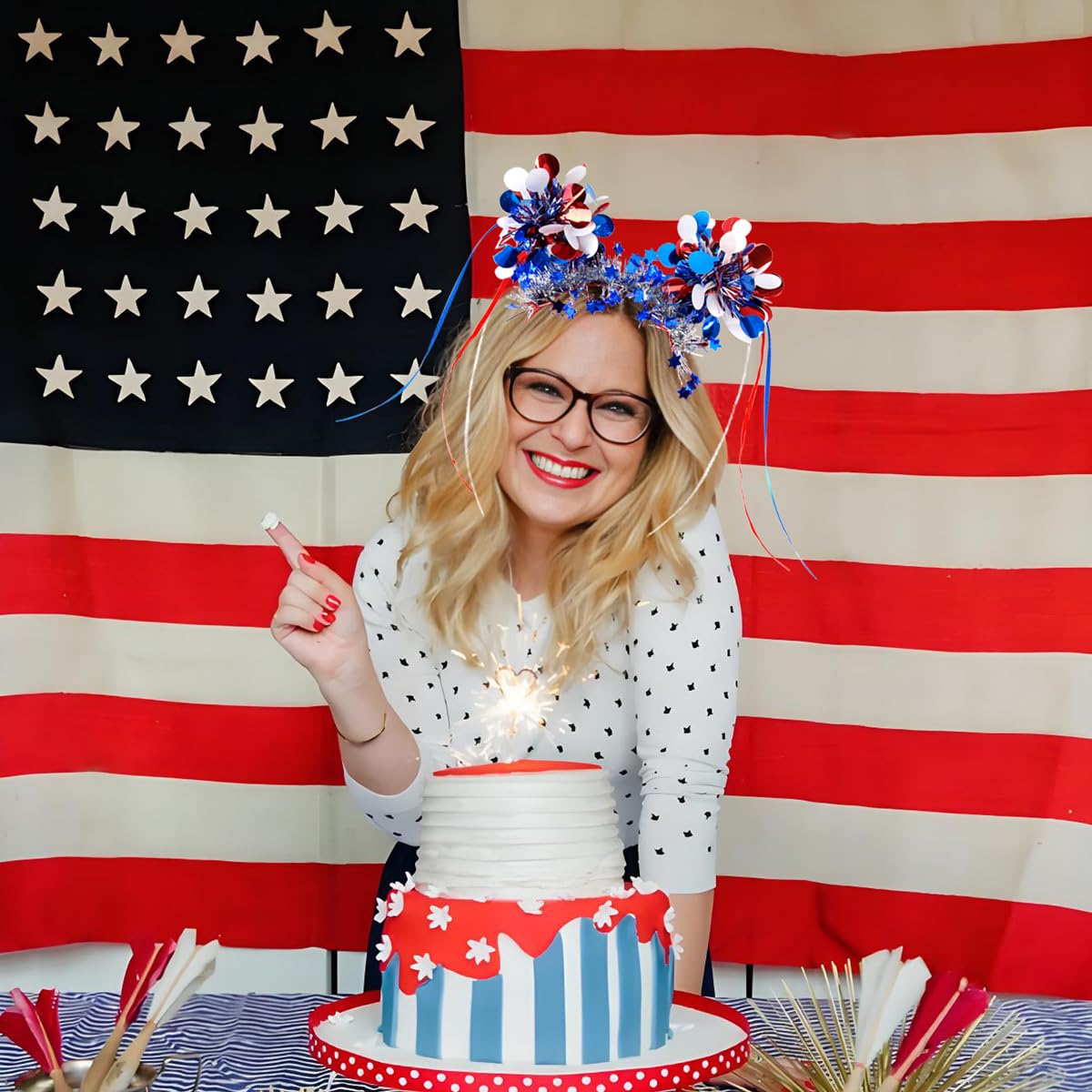 4th of July Headband - Patriotic Headband - Red White Blue Sequin Dots Star Design Headbands for Patriotic Accessories - 4th of July Outfits for Women