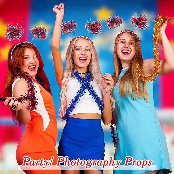 6 Pcs Pom Pom Headbands - 4th of July Head Boppers - Fluffy Ball Yarn Hairband - Party Hair Accessories for Women Girls - Patriotic Red White Blue