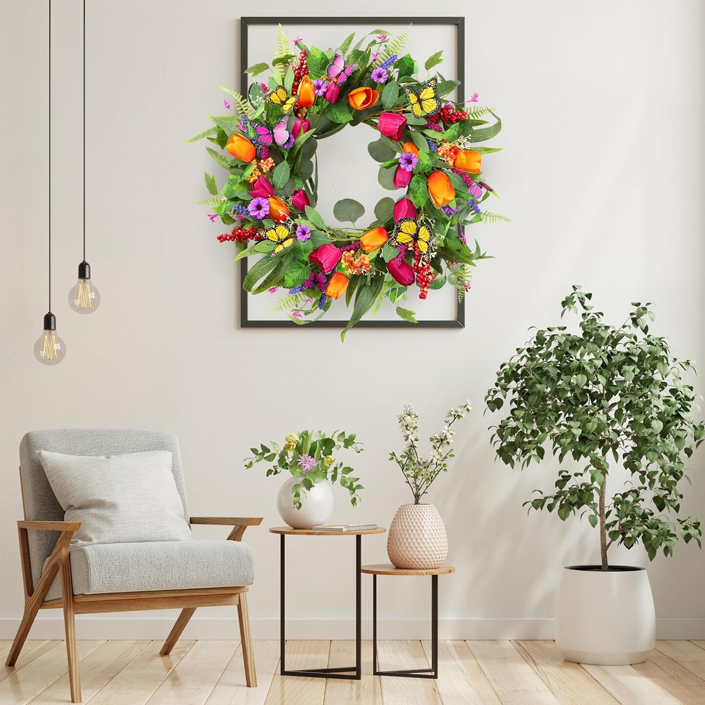 Spring Summer Wreath for Front Door 22 Inch Artificial Tulips Wreath with Eucalyptus Leaves Lavender Ferns Colorful Silk Flowers Butterflies for Home Farmhouse Indoor Outdoor Wall Decor