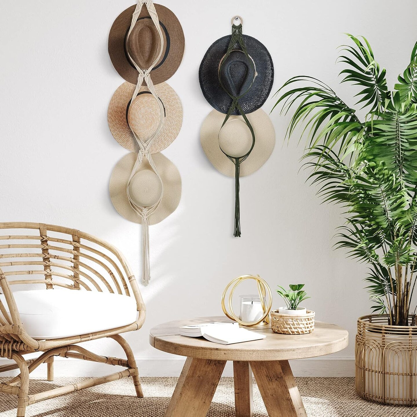 5 Pcs Macrame Hat Hangers for Wall Cowboy Hat Holders Boho Wall Mount Hanging Rack Display Hand Weaving for home storage Western Decoration, 3 Sizes and Colors