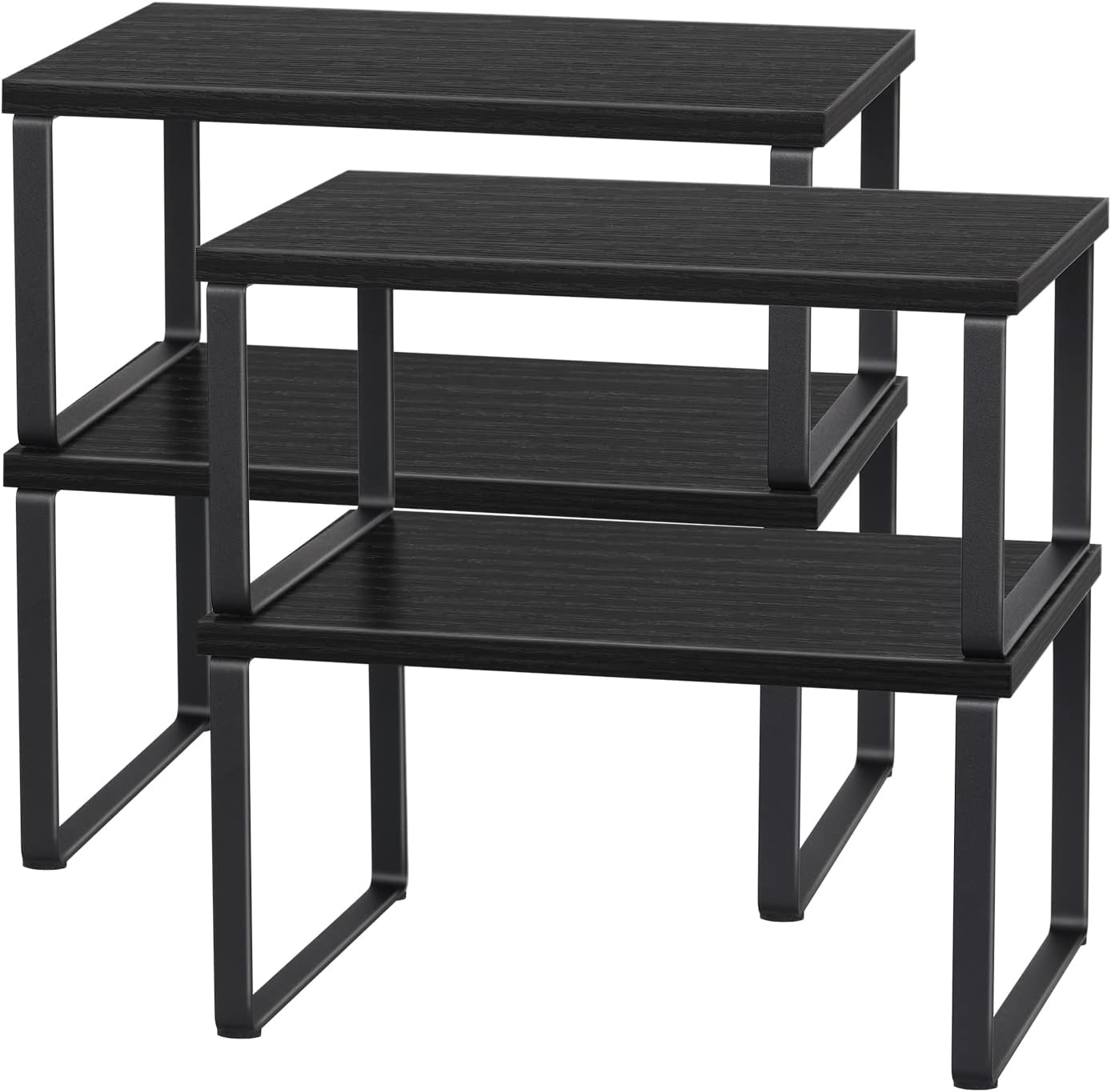 4pcs Kitchen Counter Shelves Stackable Shelf Organizer Wood Countertop Shelf Expandable Cabinet Shelf Organizers Countertop Storage Rack for Pantry, Industrial Black