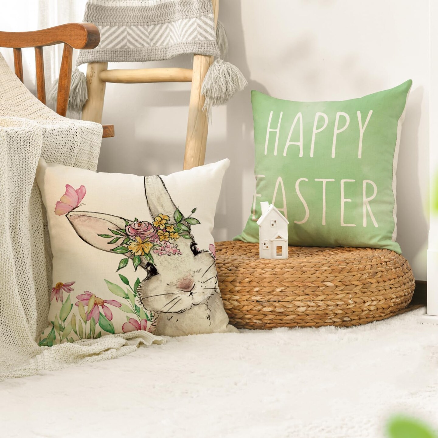 Set of 4 Happy Easter &#x22;Hunny Bunny&#x22; Green Throw Pillow Covers &#x2013; 18&#x22; x 18&#x22; Spring Cushion Cases for Sofa &#x26; Couch