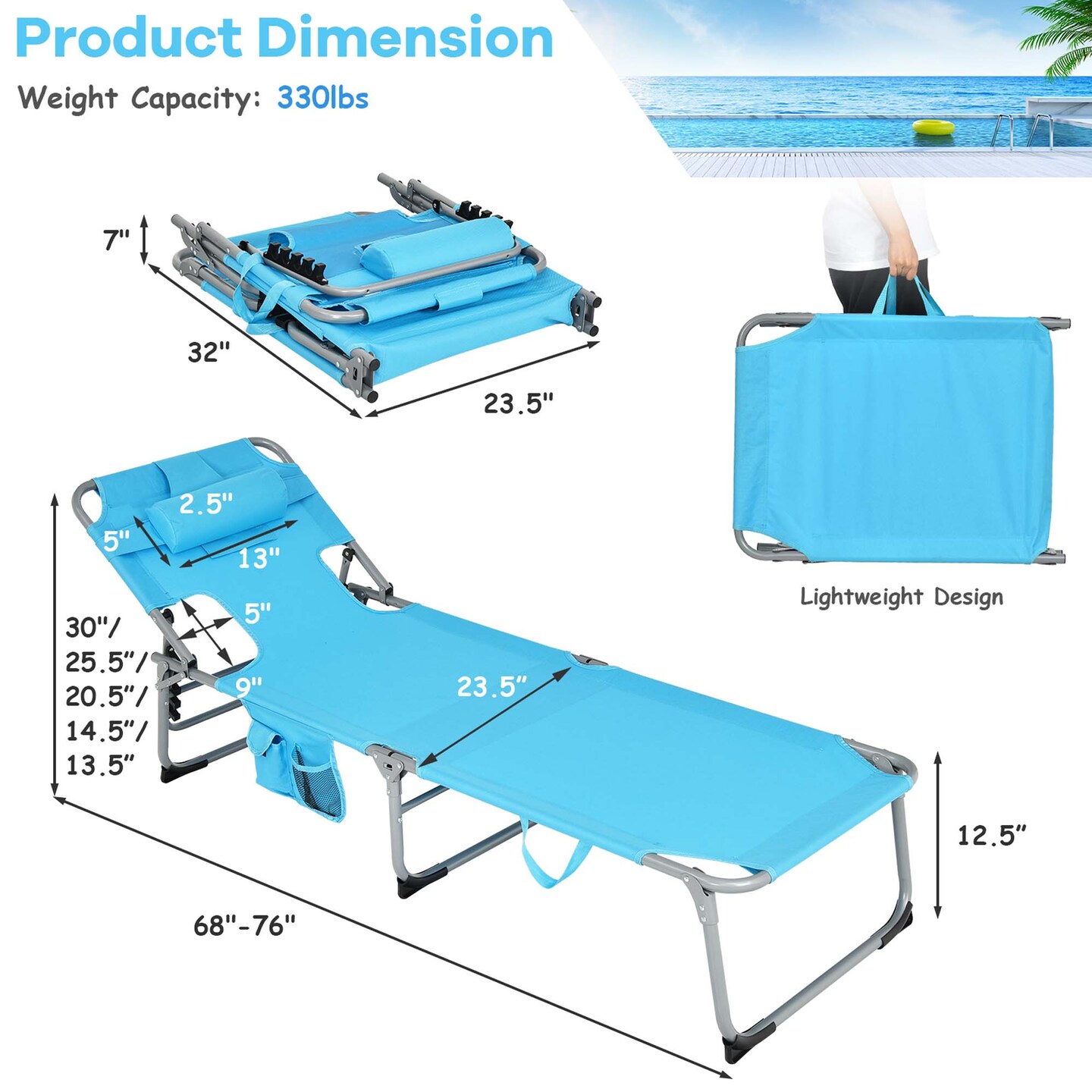 Goplus Outdoor Beach Lounge Chair Folding Chaise Lounge with Pillow Blue\Blue&#x26;Green\Black\Grey\Turquoise\Pink\Beige\Light Pink