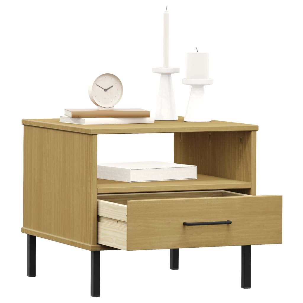 vidaXL Bedside Table with Metal Legs Brown Solid Wood Pine OSLO