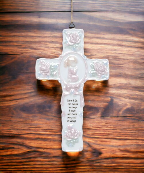 Ceramic Cross with Praying Girl Wall Decor, Religious D&#xE9;cor, Religious Gift, Church D&#xE9;cor, Baptism Gift