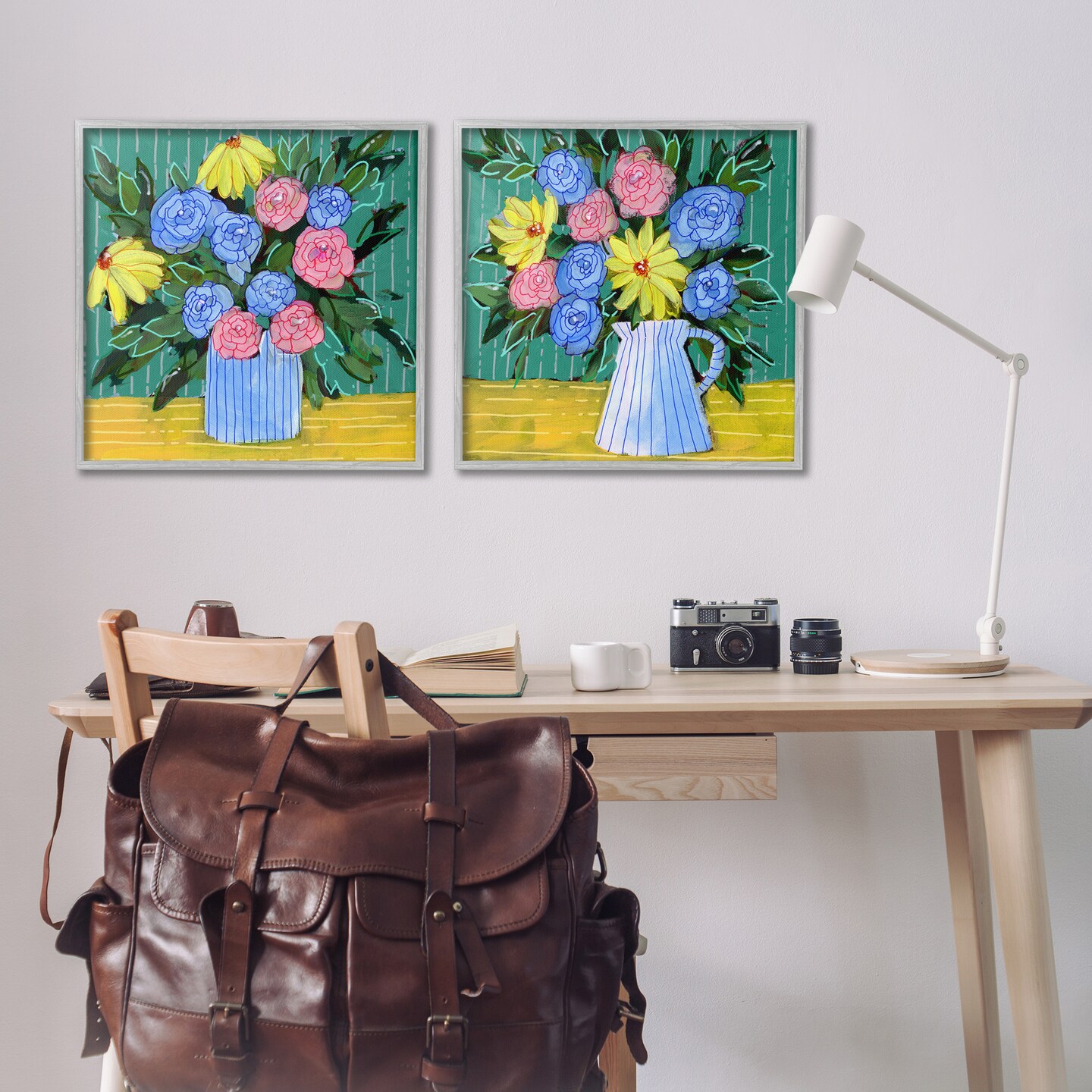 Stupell Industries Bright Flowers on Stripes 2pc Framed Giclee Wall Art Set Design by Regina Moore