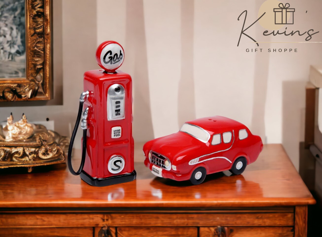 Hand Painted Ceramic Red Car And Gas Pump Salt &#x26; Pepper Shakers-Home D&#xE9;cor, Gift for Her, Gift for Him, Gift for Dad, Kitchen D&#xE9;cor