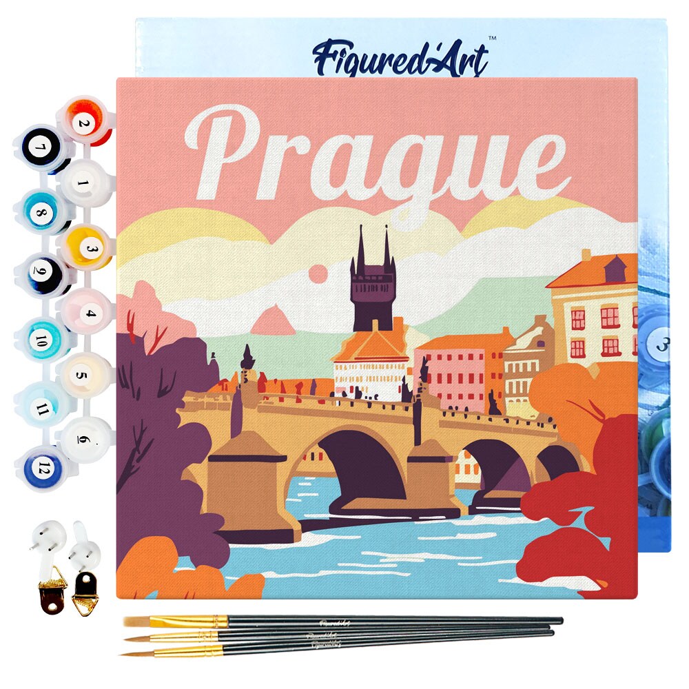 Figured'Art Mini Paint by Numbers Kit for Adults with Frame Travel Poster Prague Small format 8"x8" - Craft Art Painting DIY Canvas Already Stretched on a Wooden Frame