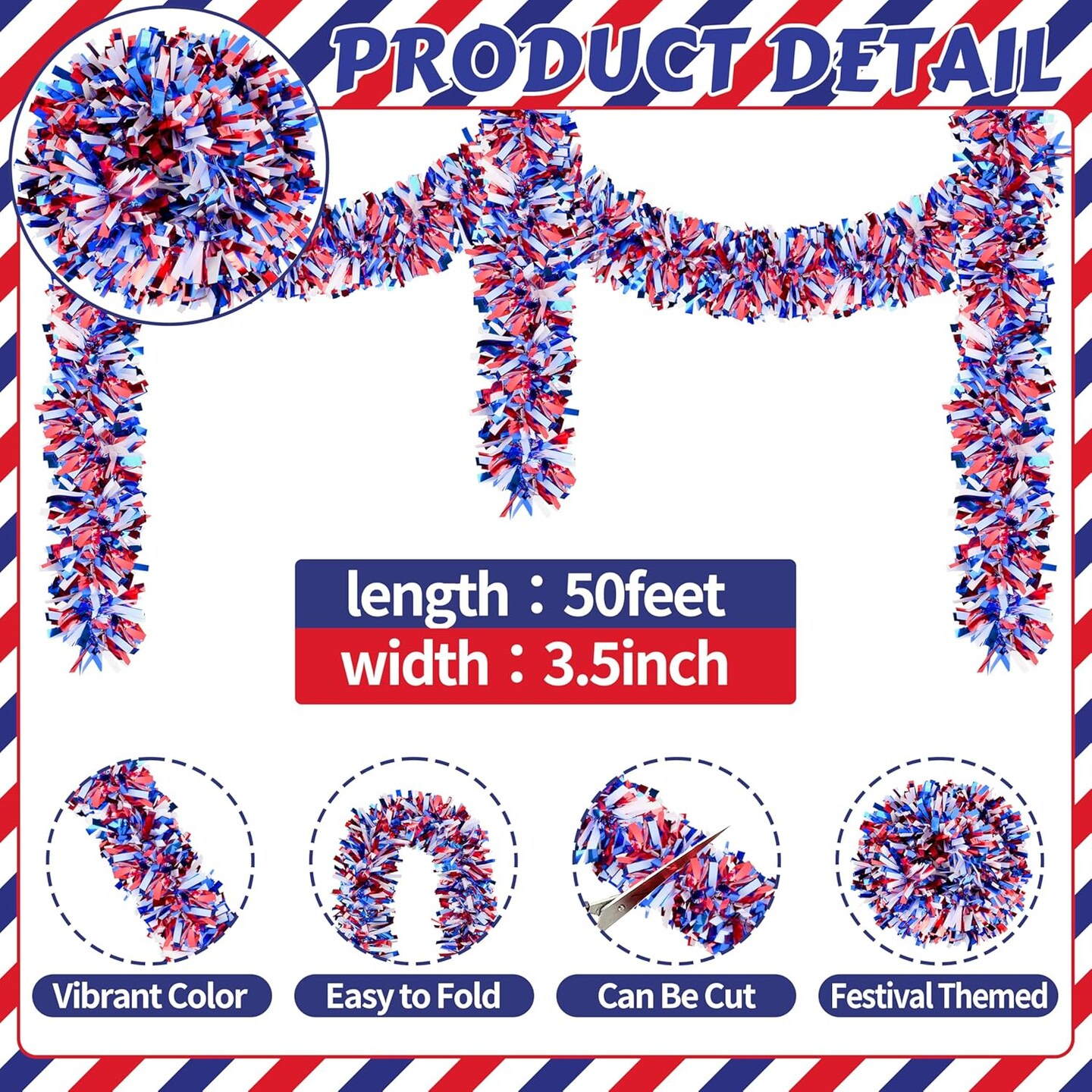 50FT Glitter Tinsel Garlands with Star for 4th of July Decorations