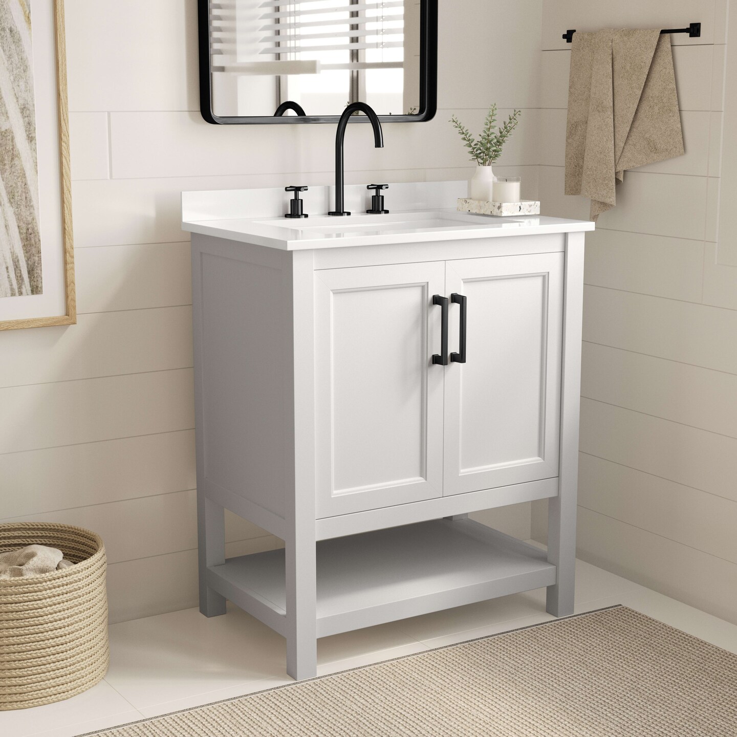 Merrick Lane Vigo Bathroom Vanity with Ceramic Sink, Carrara Marble Finish Countertop, Storage Cabinet with Soft Close Doors and Open Shelf