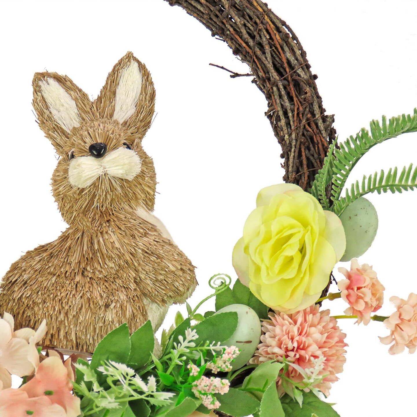 Artificial Hanging Wreath, Woven Branch Base, Decorated with Pastel Flower Blooms, Bunny, Leafy Greens, Easter Collection, 16 Inches