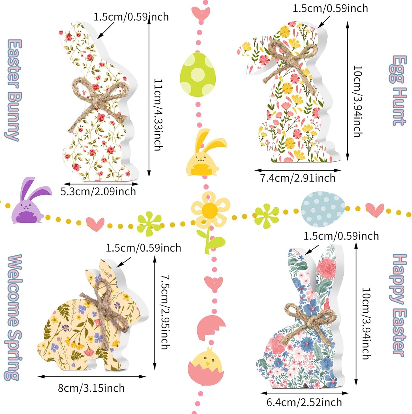 4 Pieces Easter Bunny Wood Decor Easter Natural Wood Signs Bunnies Shape Signs Rabbit Tabletop Decor Spring Flower Rustic Centerpieces for Farmhouse Kitchen Dining Room