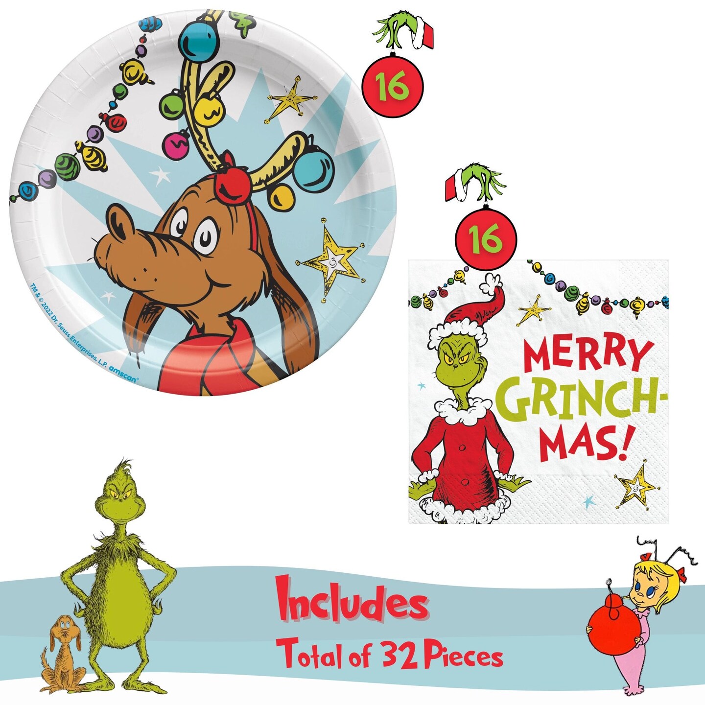 Dr. Seuss The Grinch Christmas Party Supplies Bundle with Appetizer Plates Featuring &#x22;Max&#x22; and The Grinch Napkins for 16 Guests - Serves 16