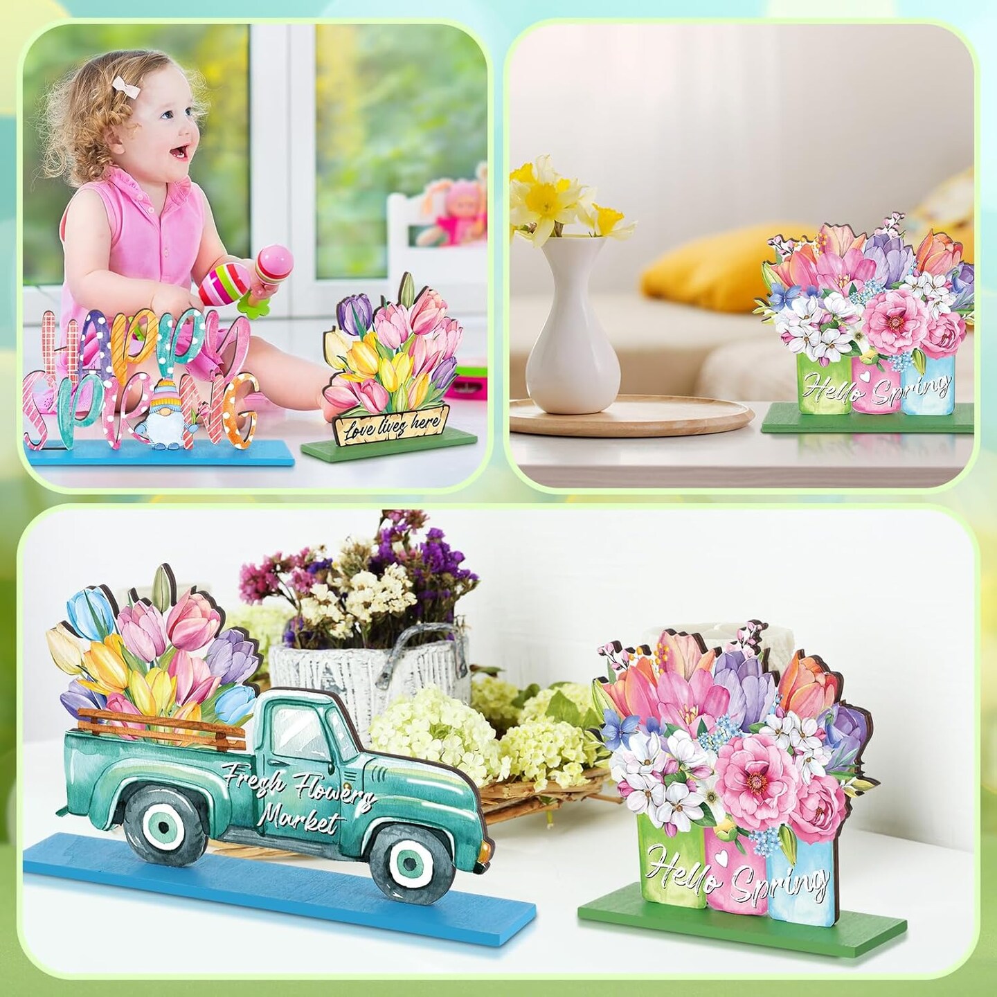 Spring Table Decorations, 6 Pcs Wooden Flower Signs, Rustic Freestanding Tabletop for Party Restaurant Decor (Spring, 4.72 inches / 12 cm)