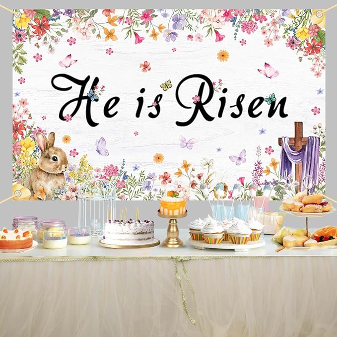 He Is Risen Backdrop Happy Easter Spring Banner Bunny Grass Jesus Cross Outdoor Indoor Front Door Wall Fence Background Decorations for Easter Festival 70.8 x 43.3 inch