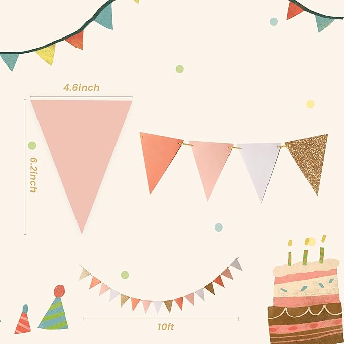 10-feet Vintage Style Pennant Banner, Rose Gold Party Banner, Paper Triangle Flags Bunting for Boho Wedding Party, Baby Shower, Girl Room Nursery Decoration (Ivory+Pink+Rose Gold Glitter)