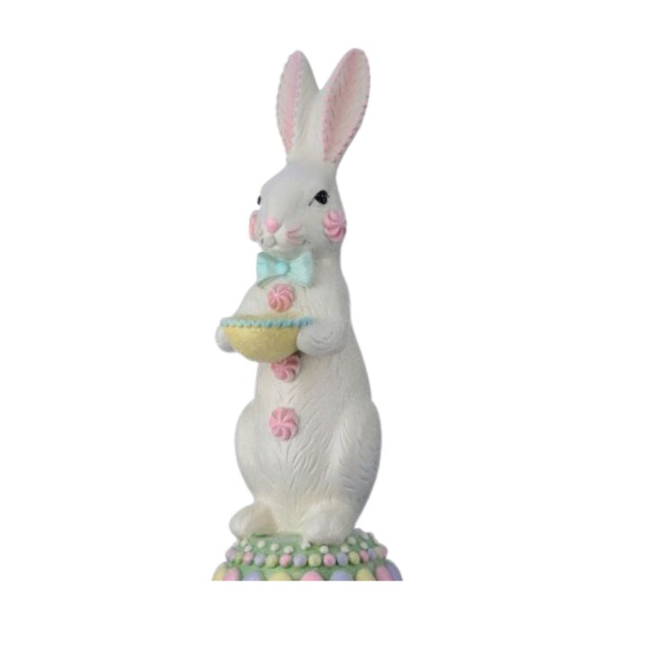 18&#x22; Resin Sugared Bunny on Pedestal | Pastel Easter Figurine for Mantel &#x26; Tabletop