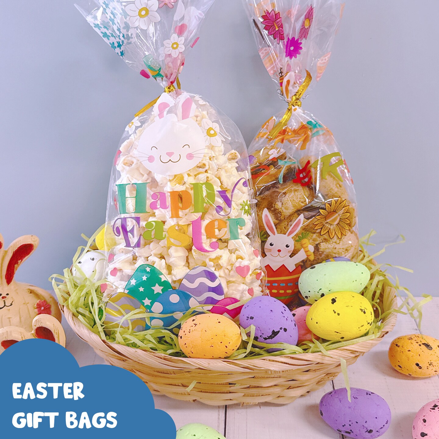 Wrapables Easter Cellophane Treat Bags With Twist Ties for Candy, Cookies, Treats, Gifts and Party Favors (100pcs), Happy Easter