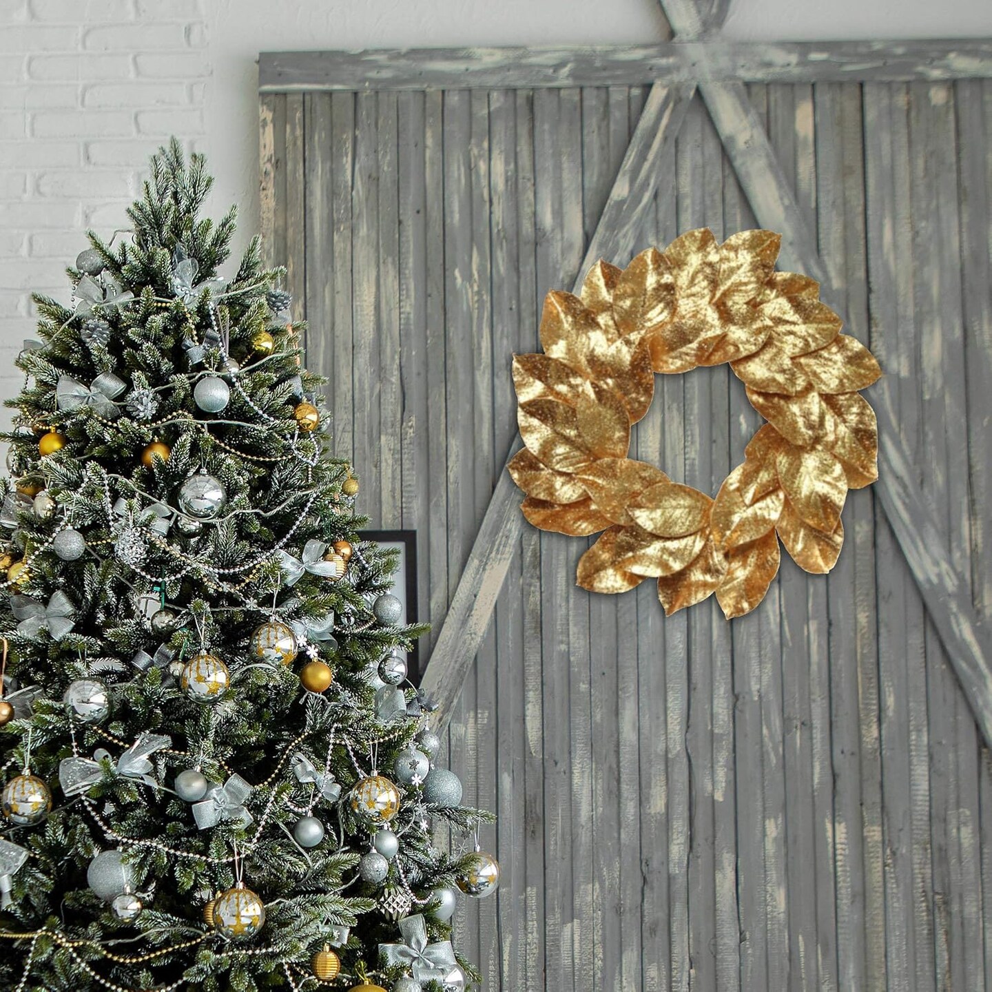 Gold Magnolia Leaf Christmas Wreath with Glitter Accents, 24&#x22; Holiday Door Decor, Indoor/Outdoor - 2024 Christmas Collection, Floral Home by Artificial Flowers