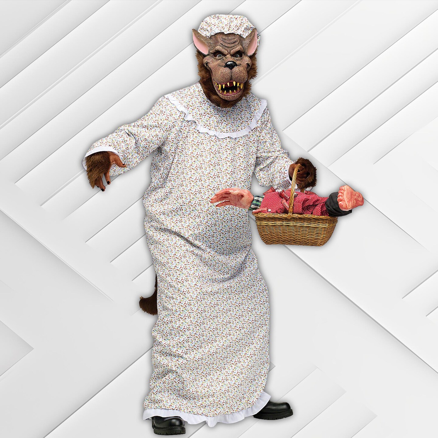 Funny Adult Granny Wolf Costume Nightgown with Tail Mask and Cap