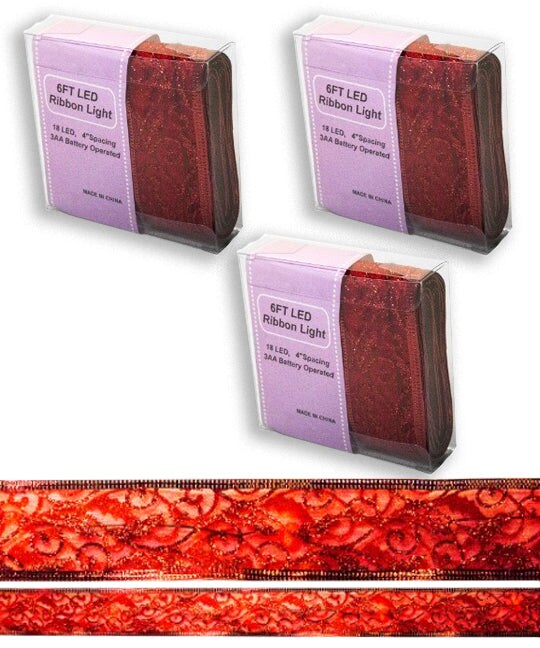 3 Pack of 4&#x27; Battery Operated Red Ribbon Light with White LEDs