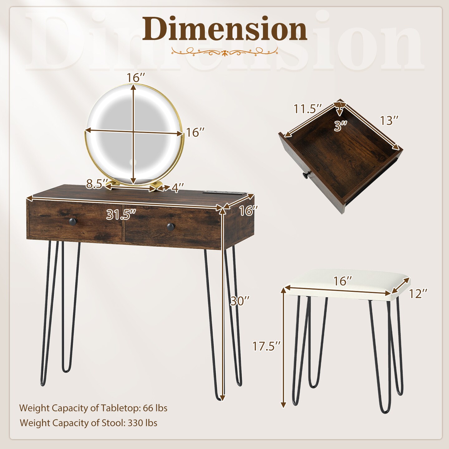 Rustic Brown Vanity Table LED Mirror Touch Control USB Type-C Charging Stool