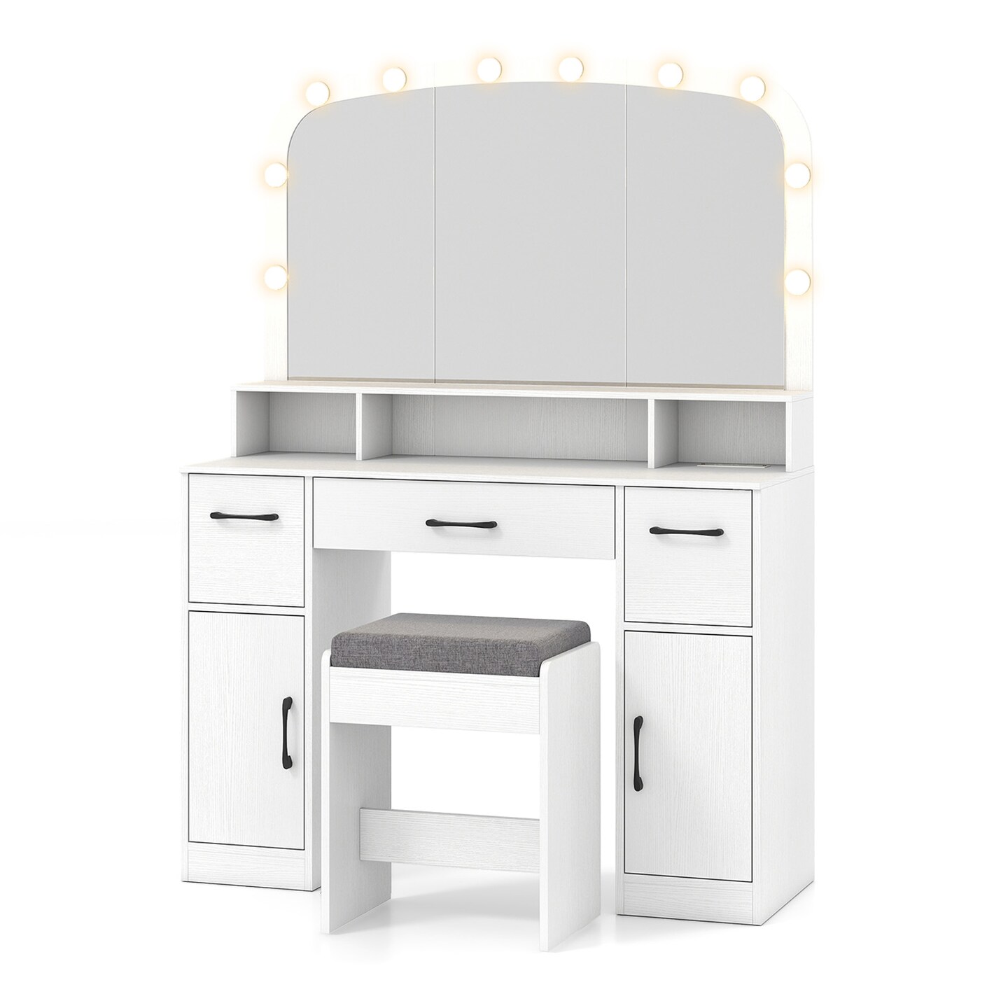 Vanity Table Set LED Mirror Makeup Desk With Stool Charging Station