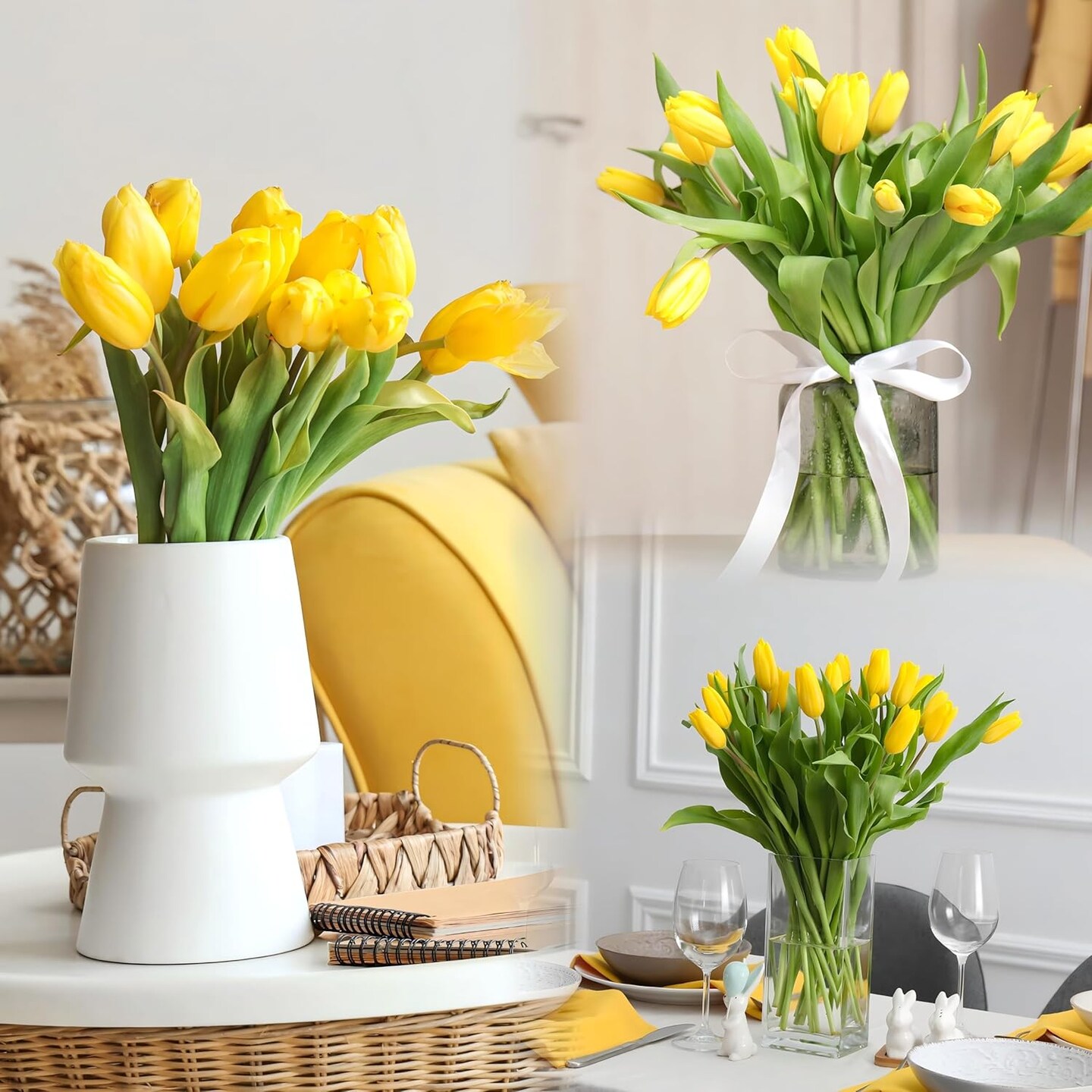 15 Pcs Fake Tulips Artificial Flowers (Yellow) 11.8"D x 7.8"W x 0.3"H