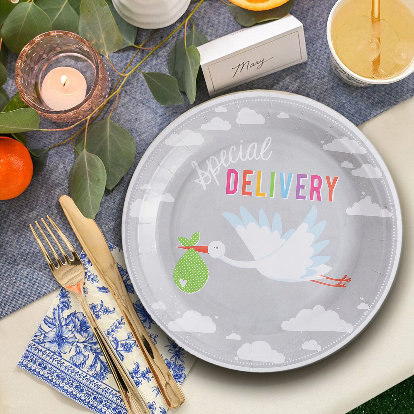 8 Ct.Bundle of Joy Stork Baby Shower Paper Dinner Disposable Plates 9"