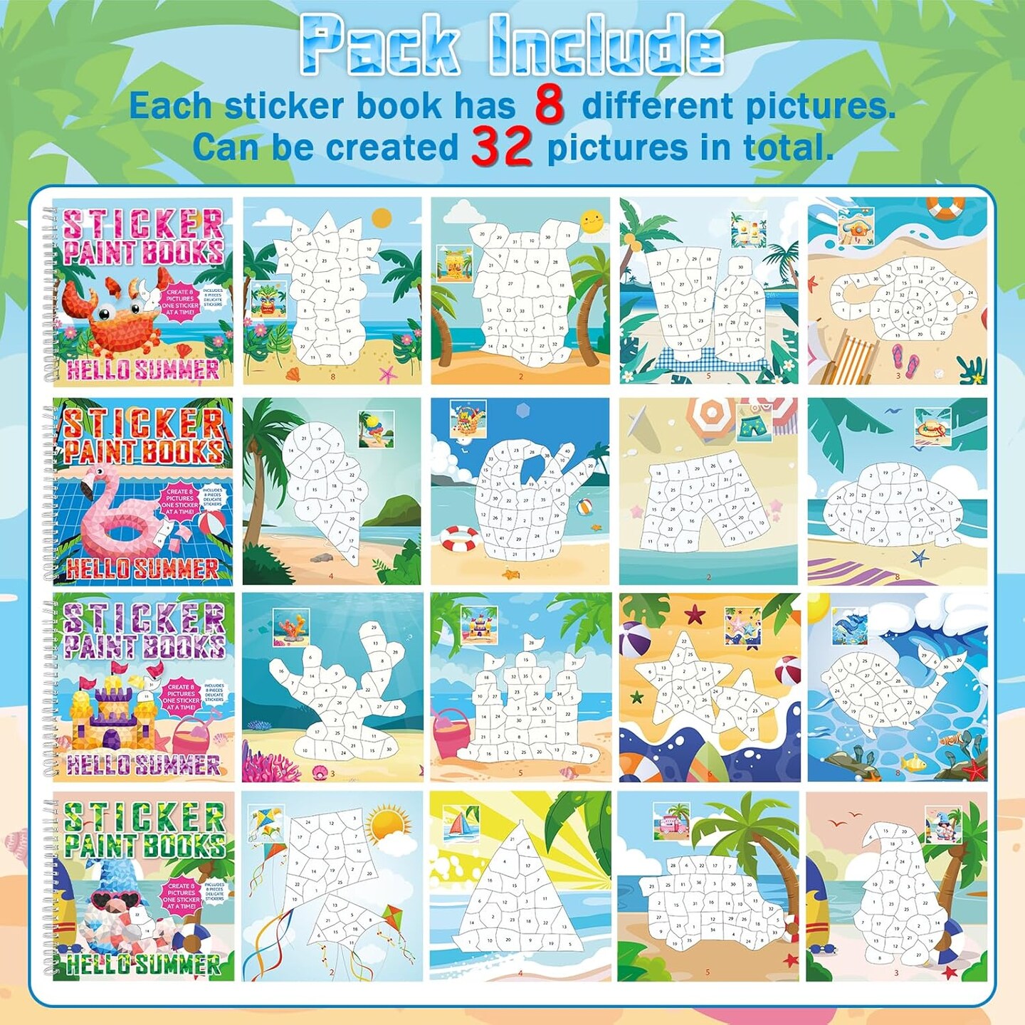 4Pcs Summer Paint by Sticker Books for Kids
