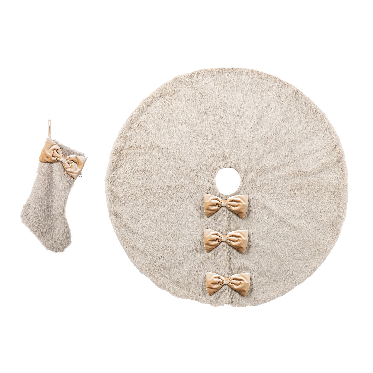 Christmas Faux Fox Fur Stocking with Bow/ Christmas Tree Skirt Set