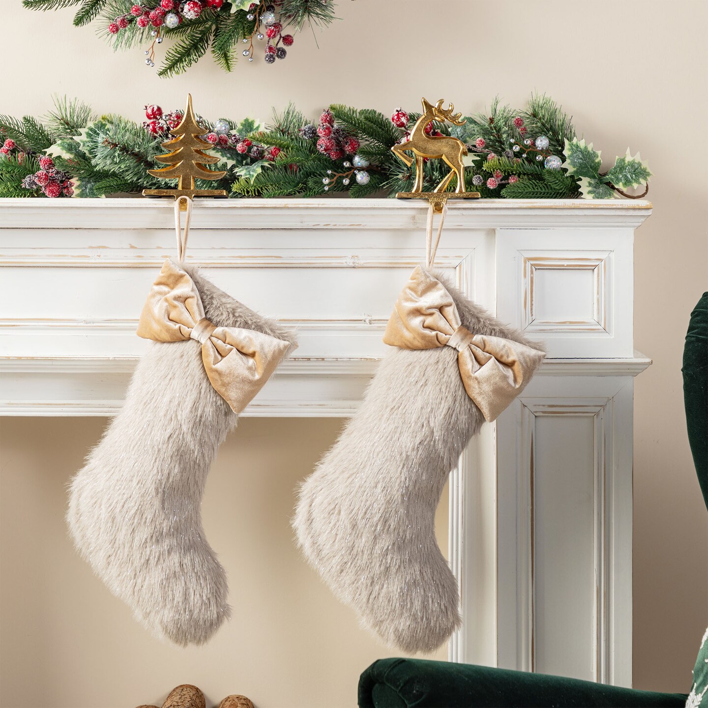 Christmas Faux Fox Fur Stocking with Bow/ Christmas Tree Skirt Set