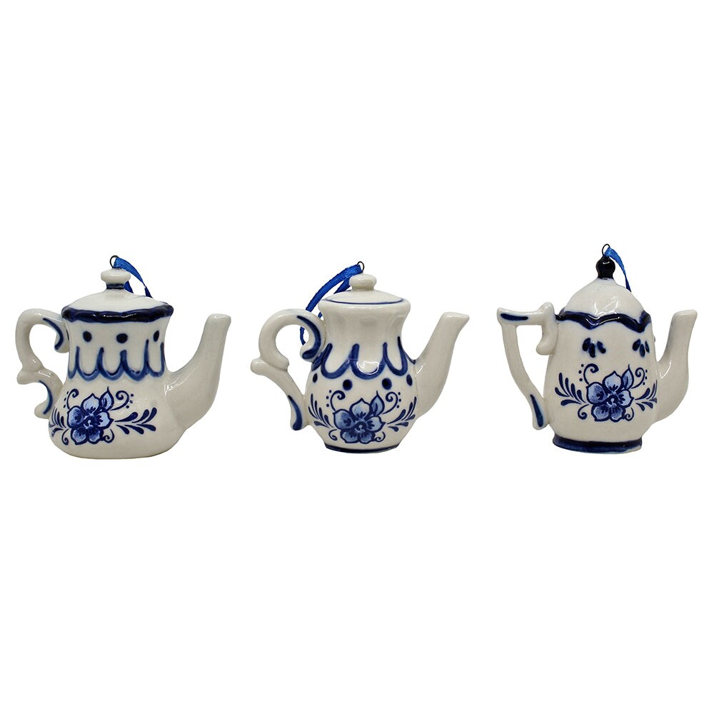 2.38" - 2.56" Delft Blue Teapot Ornaments – Set of 3 Assorted Porcelain Christmas Decorations