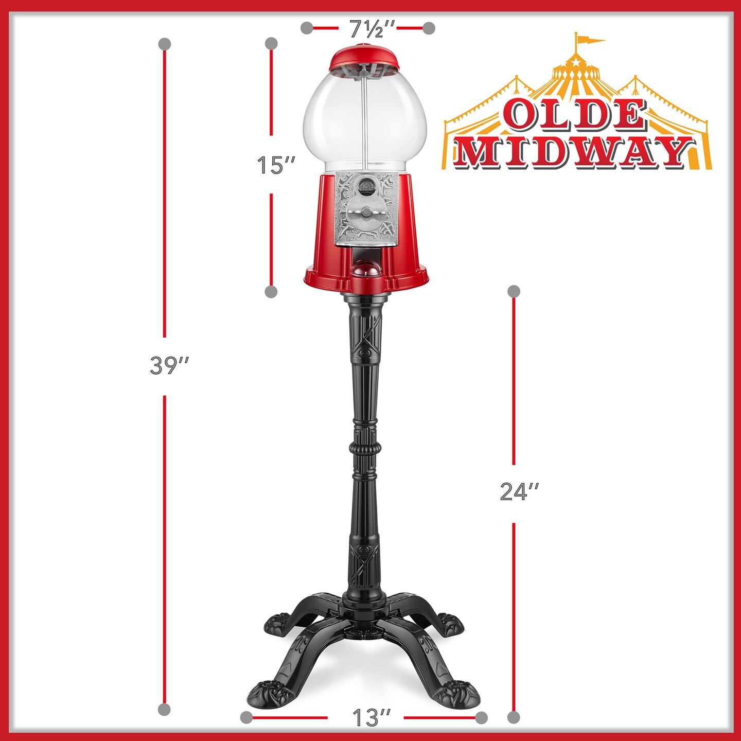 Olde Midway 15&#x22; Gumball Machine with Stand, Vintage-Style Bubble Gum Candy Dispenser with Glass Globe and Metal Base