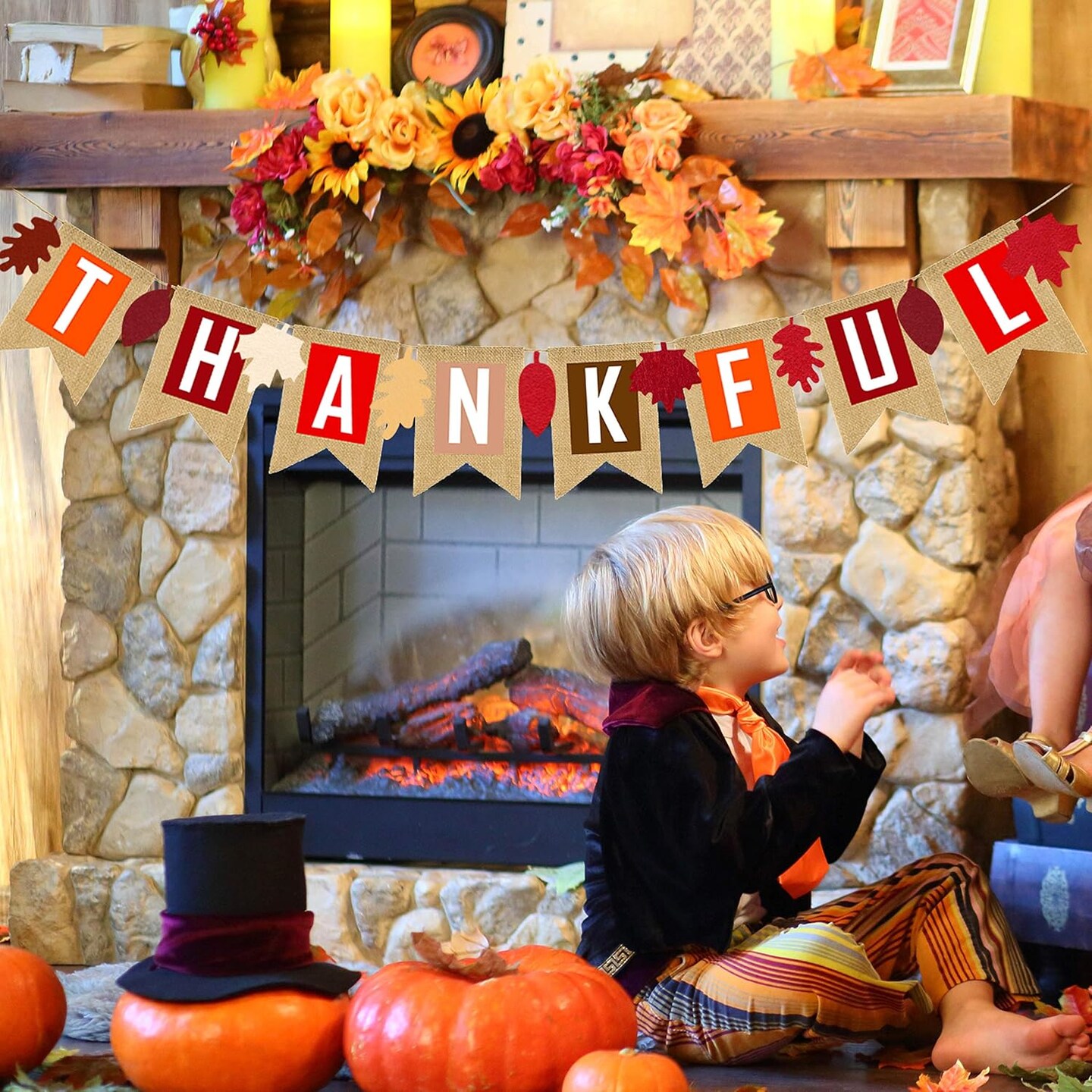 Thankful Burlap Banner Fall Autumn Maple Leaves Rustic Burlap