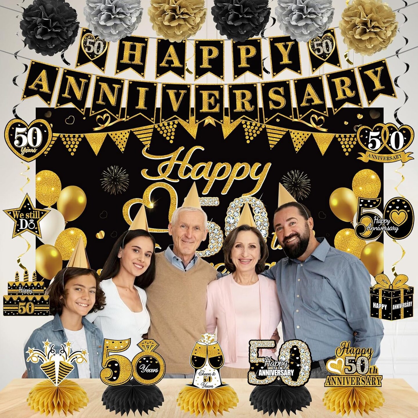 Happy 50th Anniversary Decorations Kit, Black Gold 50th Wedding Anniversary (Black Gold)