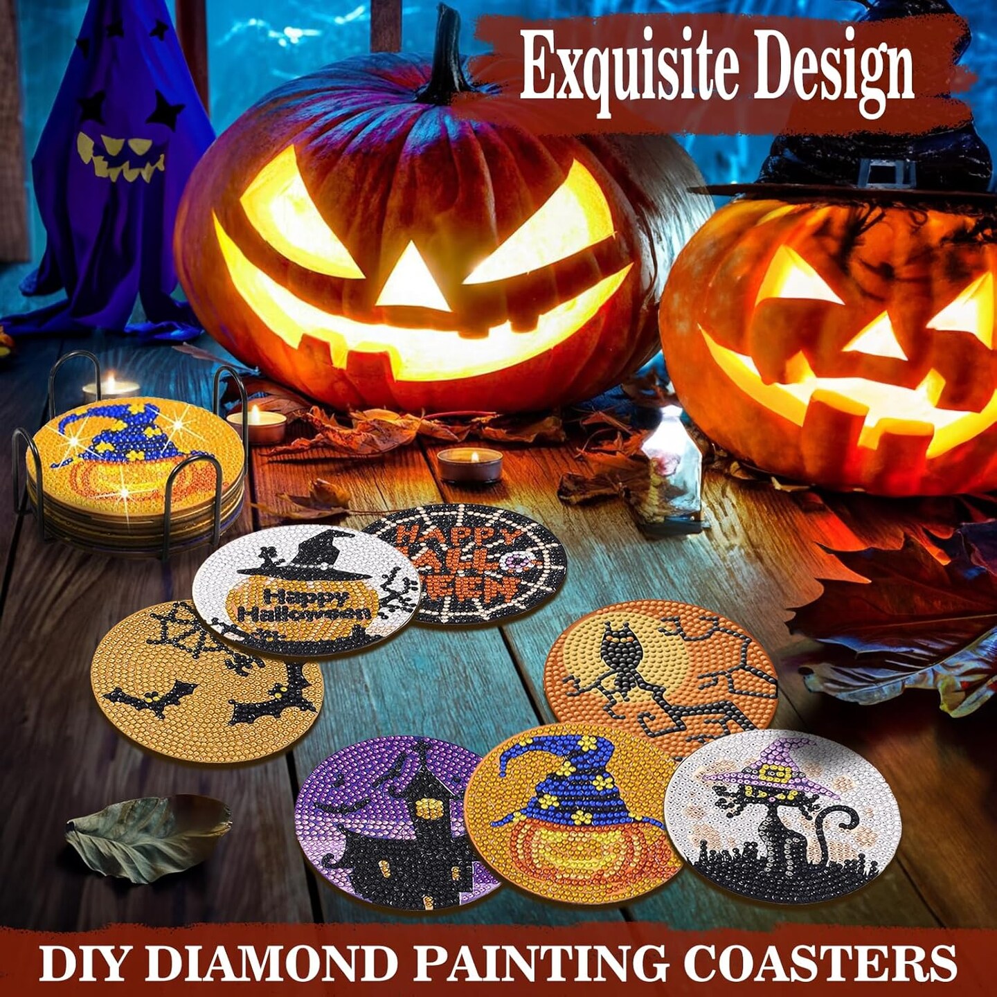 8 PCS Halloween Diamond Art Coasters, DIY Horror Diamond Painting Coasters
