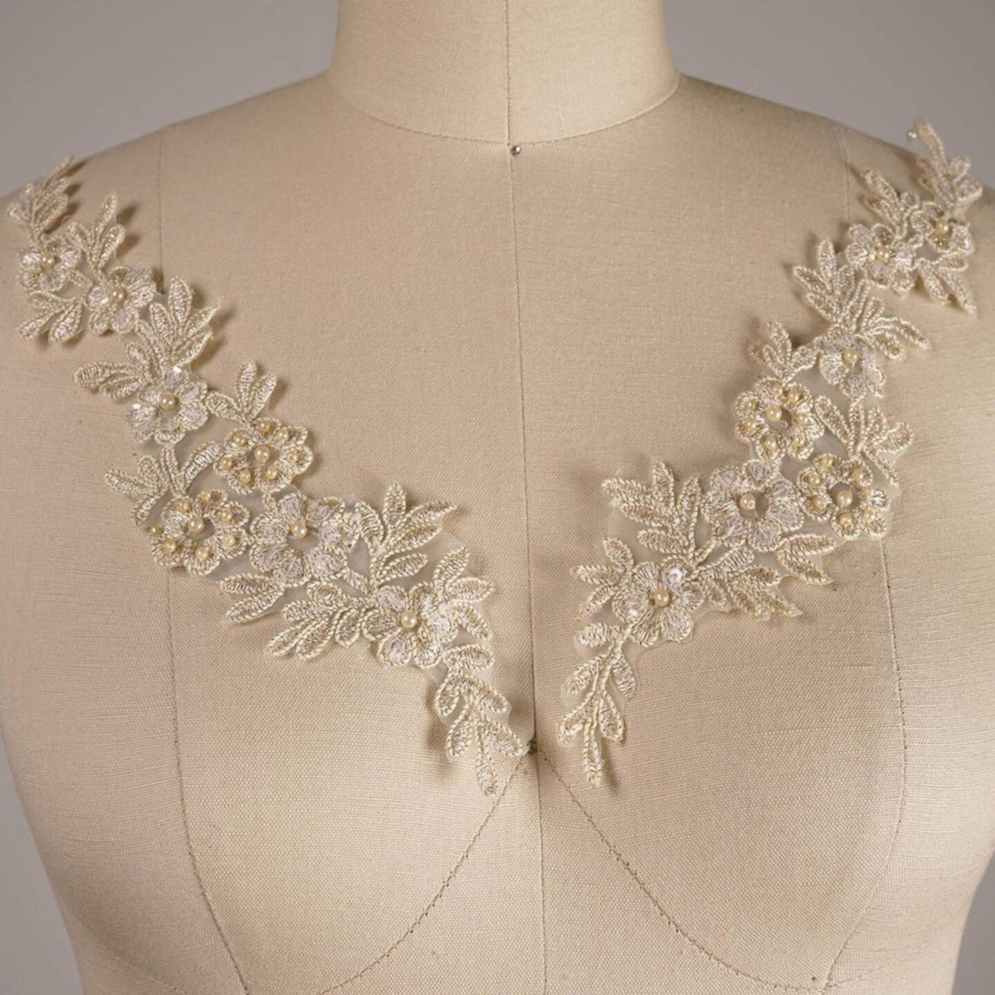 1 Pair Champagne Gold Alencon Lace Applique Metallic Beige with Pearls Symmetrical Design