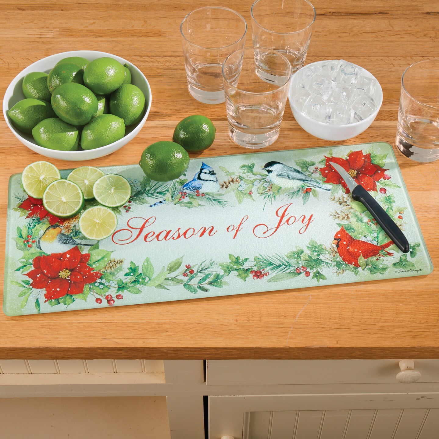 Collections Etc Season of Joy Poinsettia Birds Glass Cutting Board