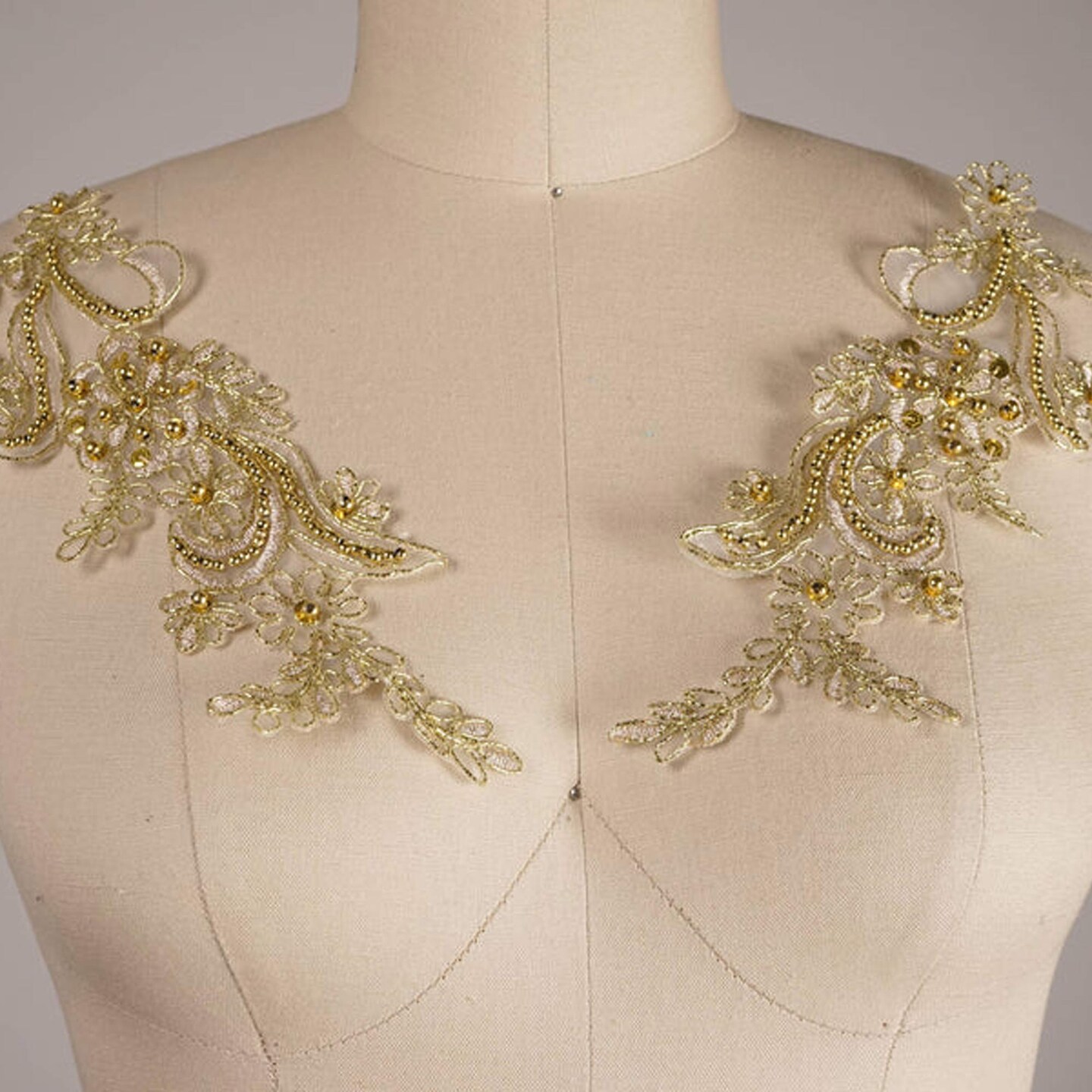 2 Piece Gold Beaded Lace Patch Applique 9 Inch Symmetrical Alencon for Costumes and Gowns