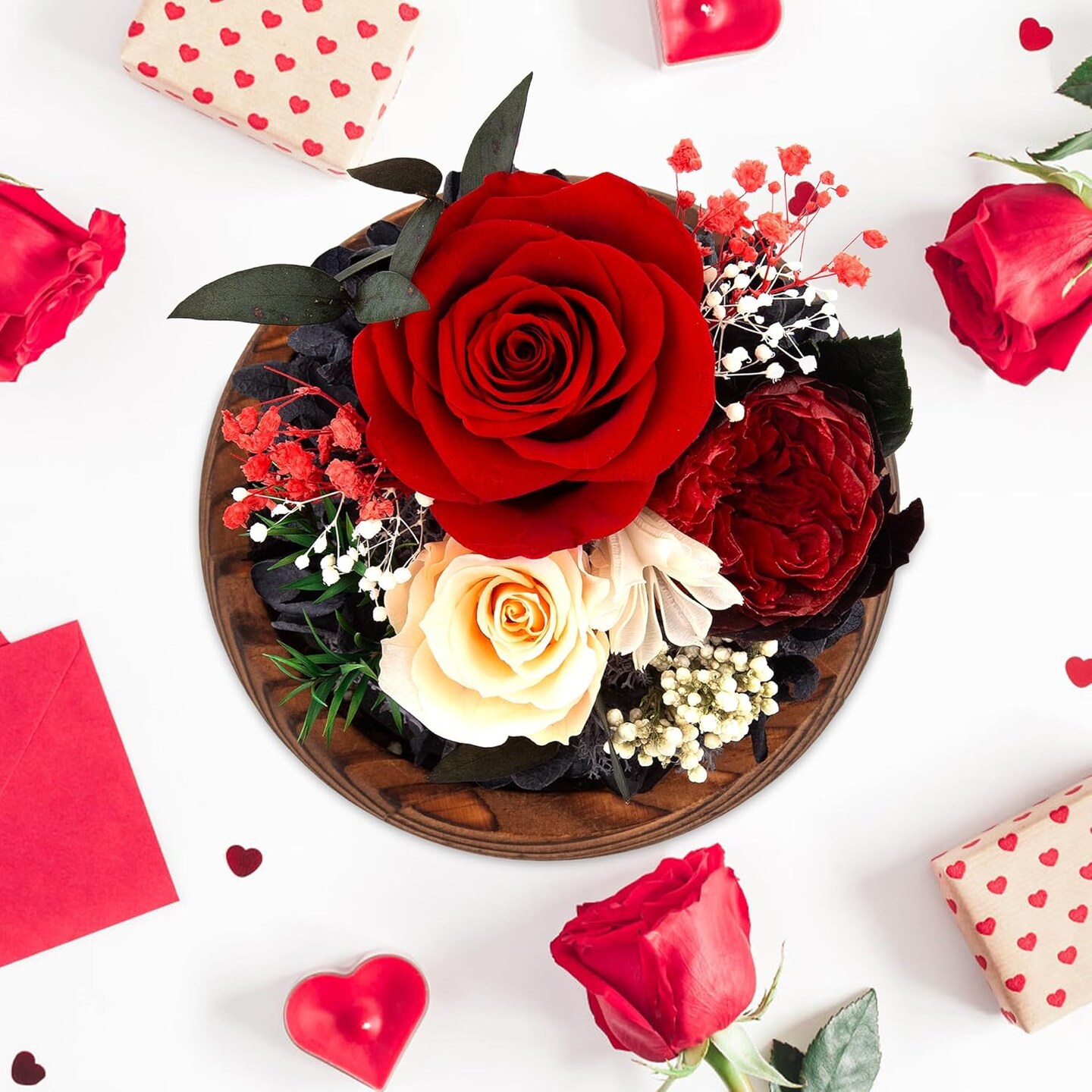 Women Preserved Red Real Rose Flowers in Glass Dome